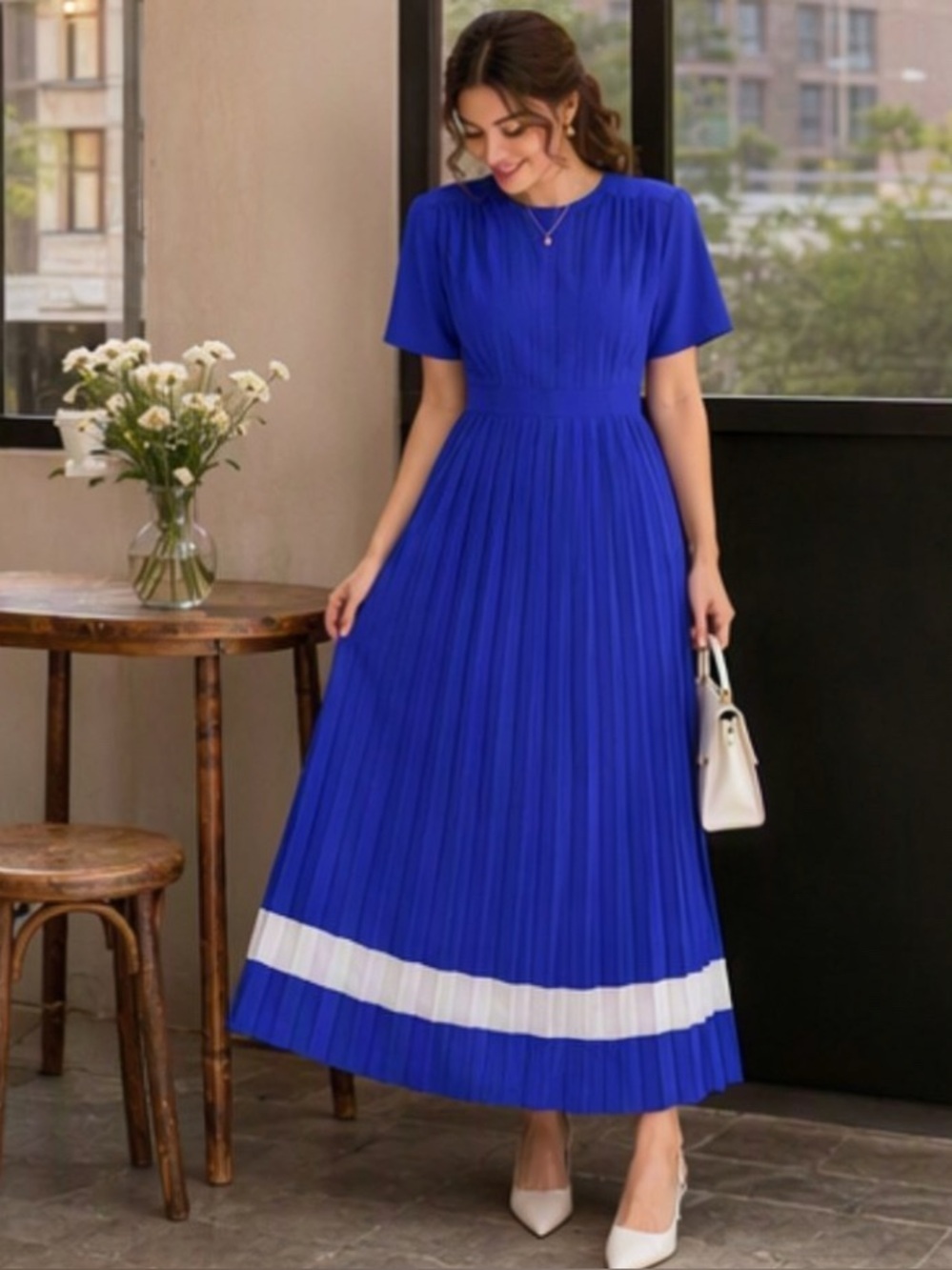 🌷 Joseph Ribkoff🌷 Vintage Royal Blue Pleated Dress With White Stripe Hem Size 11